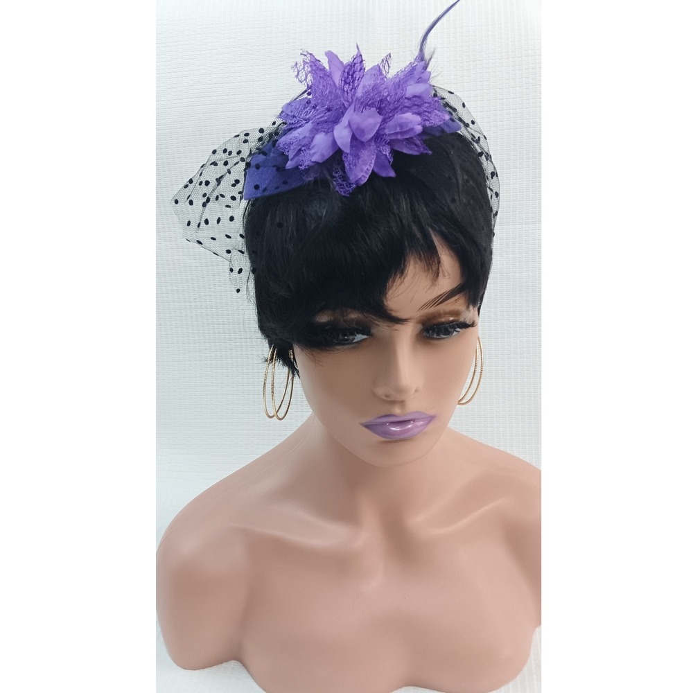 Vintage Style Purple Fascinator Hat Faux Feather Polkadot Veil Hair Clip Pillbox